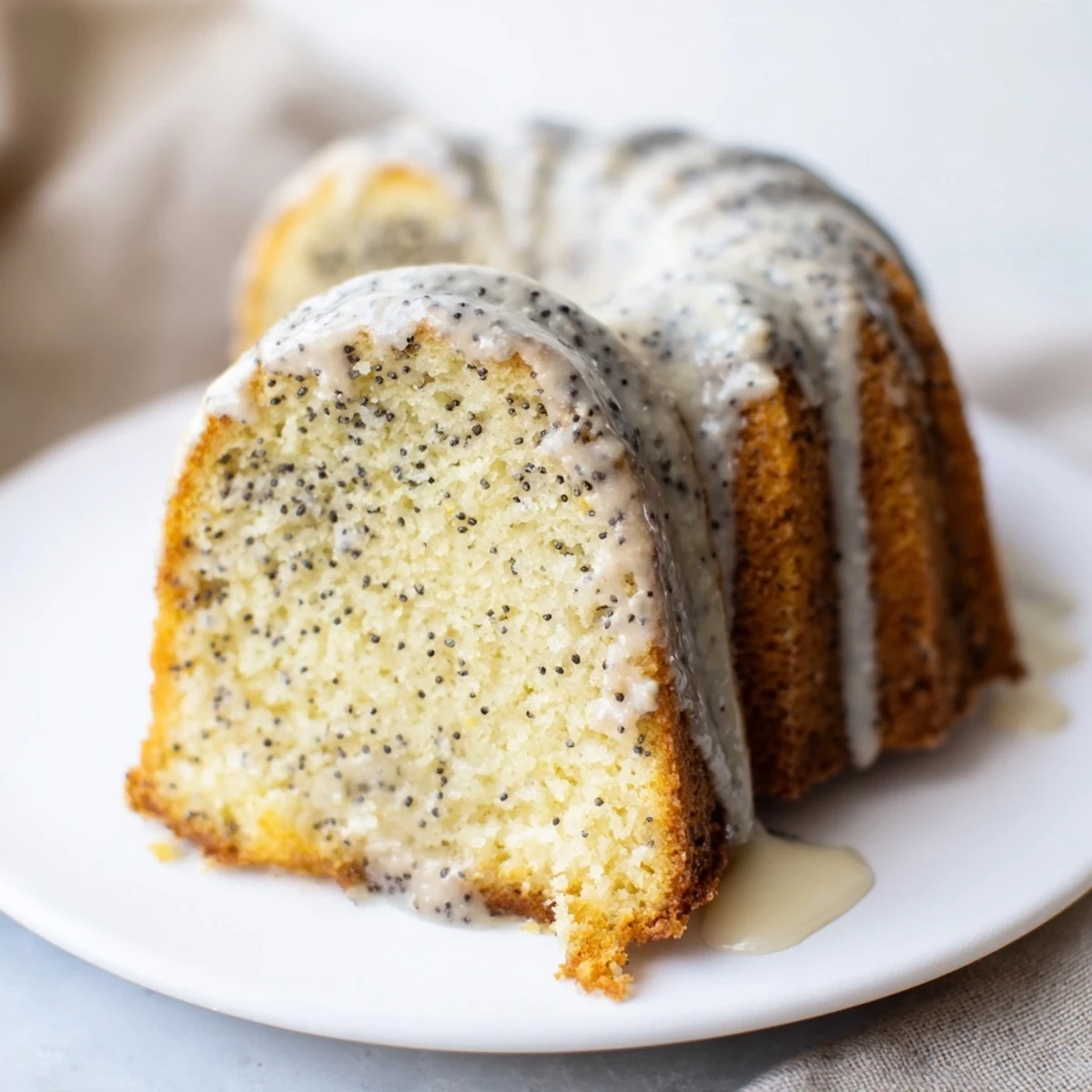 Fresh lemon zest and poppy seeds dot this moist bundt cake, with a smooth glaze dripping down its ridged sides.
