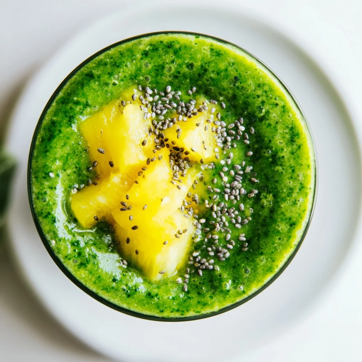 Bright green kale and sweet pineapple chunks swirl in a tall glass of Green Smoothie with Kale and Pineapple, garnished with a lime wedge.