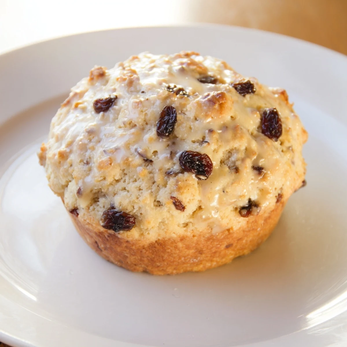 Golden-brown Irish Soda Bread Muffins with Currants studded with plump, dark fruit sit stacked on a rustic wooden board.