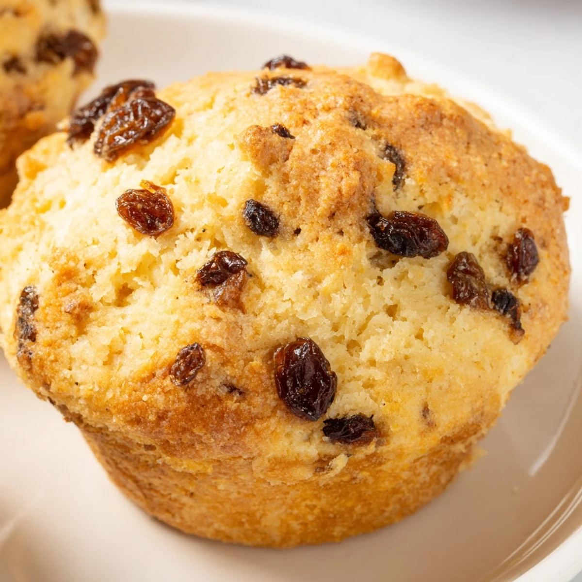 A close-up of Irish Soda Bread Muffins with Currants reveals a cracked top and buttery glaze, perfect for a snack.