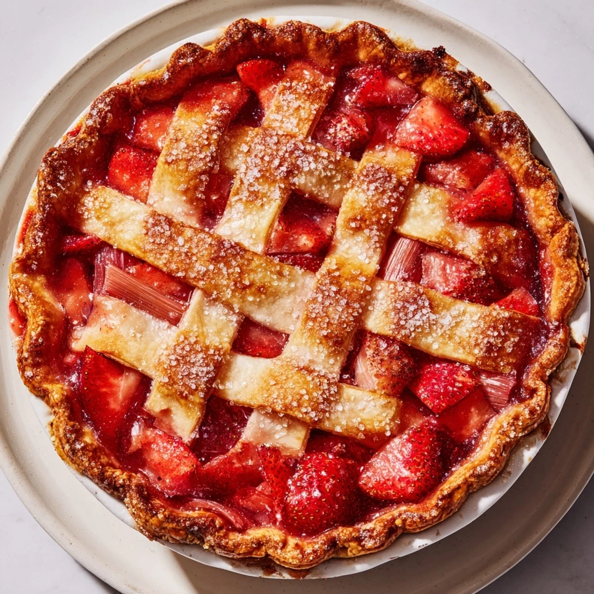 Close-up of a Strawberry Rhubarb Pie with Lattice Crust bubbling with sweet strawberries and tart rhubarb filling.