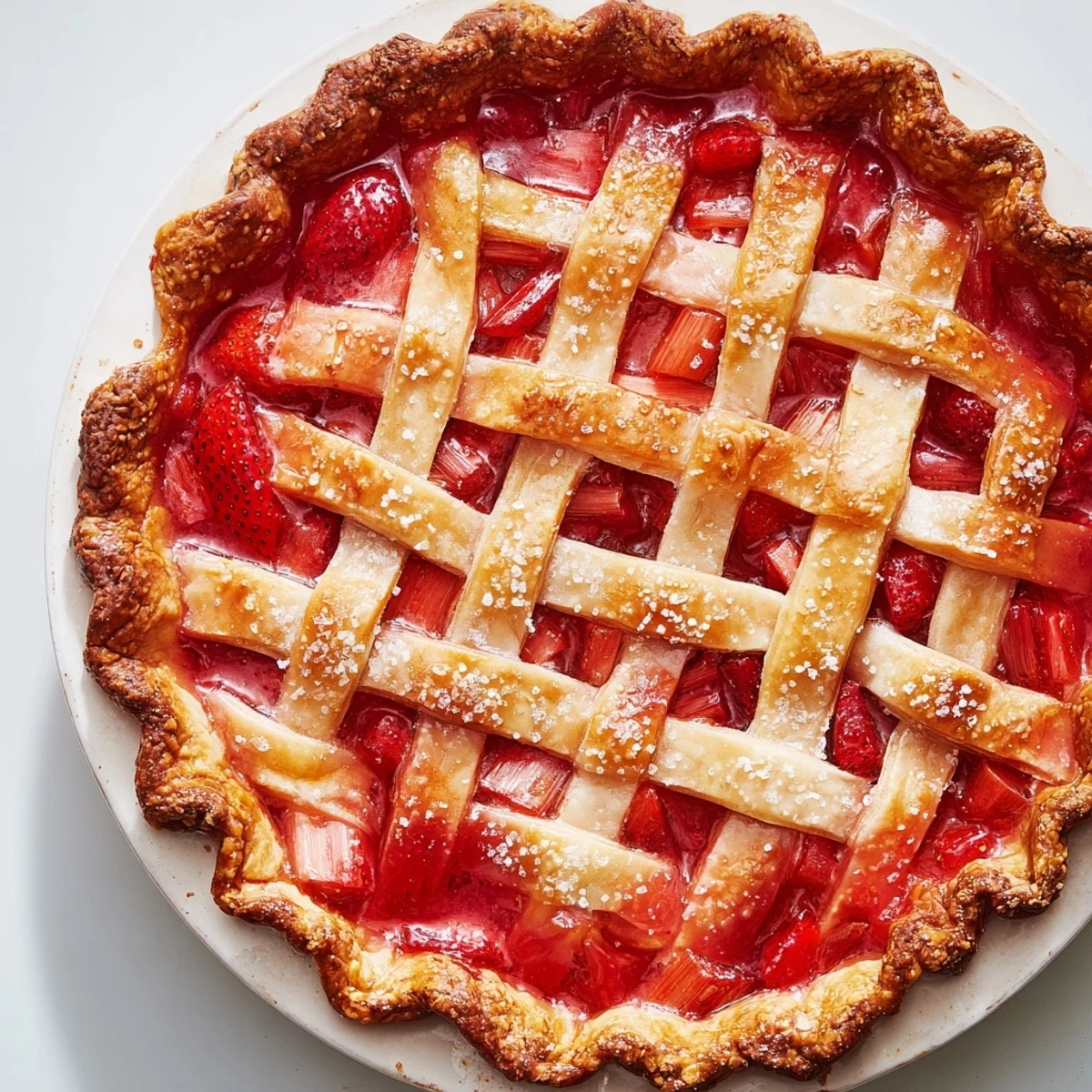 A slice of homemade Strawberry Rhubarb Pie with Lattice Crust reveals its juicy, ruby-red filling and flaky, golden-brown weave.
