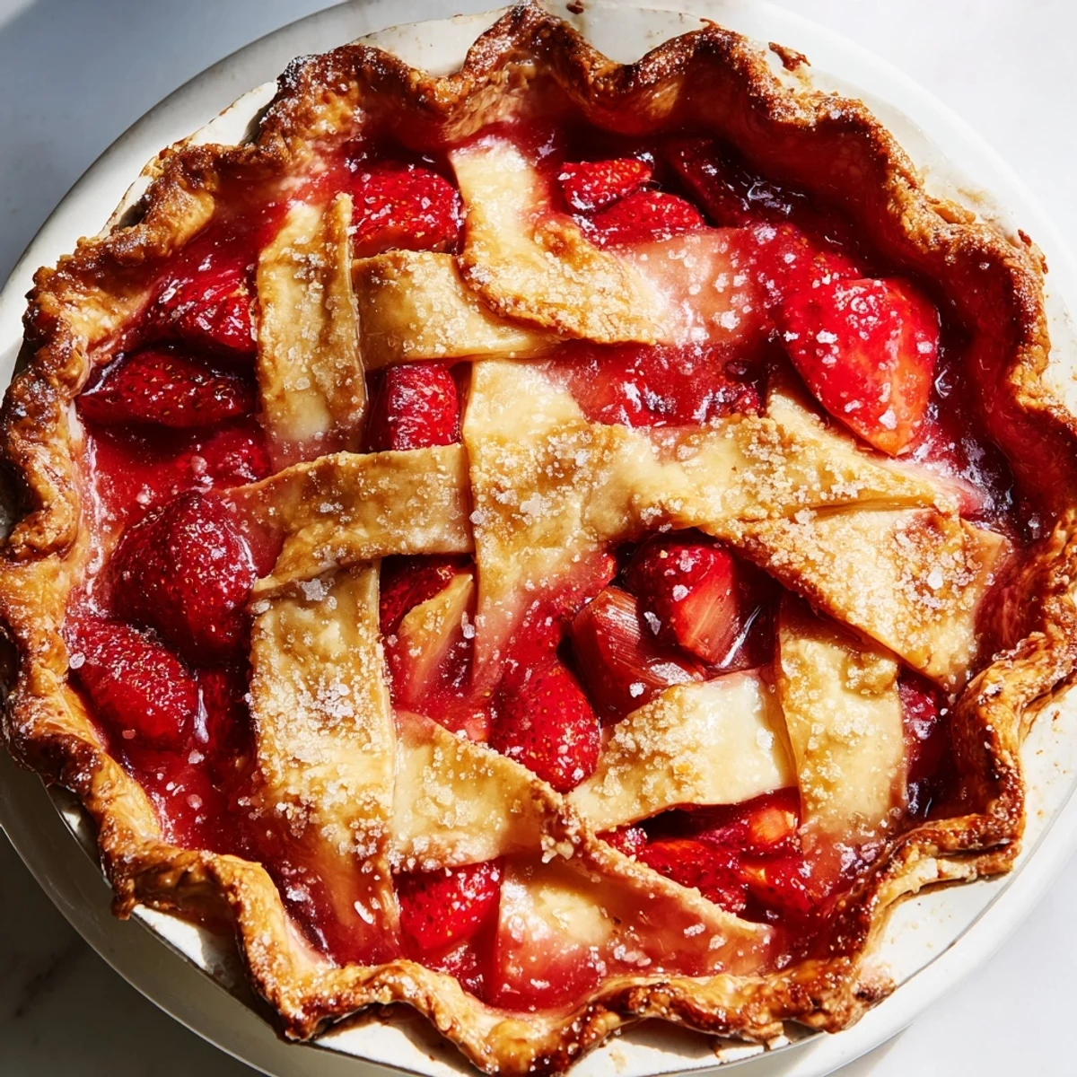 A freshly baked Strawberry Rhubarb Pie with Lattice Crust sits on a rustic wooden table ready to serve.