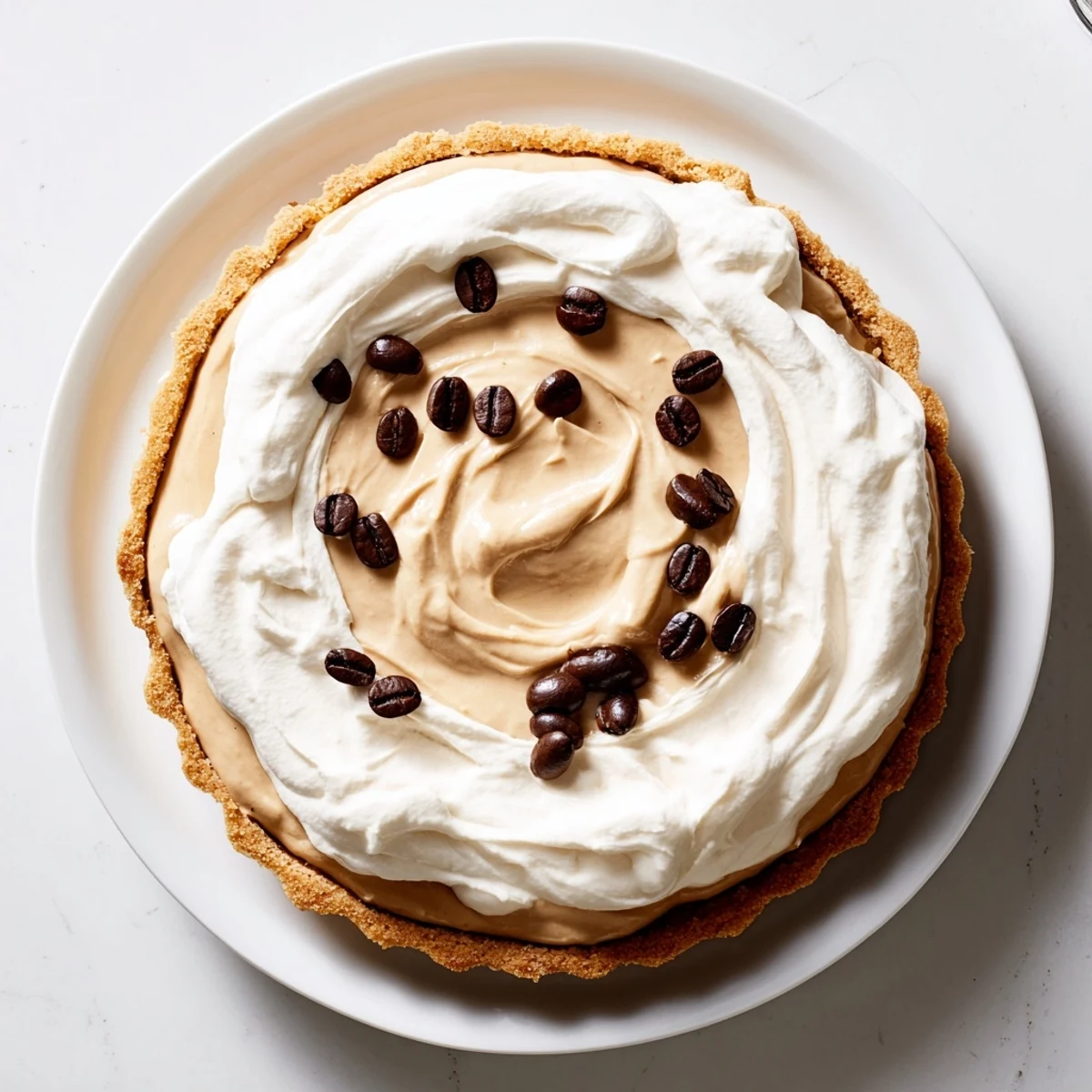 Cool Keto Cold Brew Coffee Pie slice with whipped topping and coffee bean garnish on a rustic plate.
