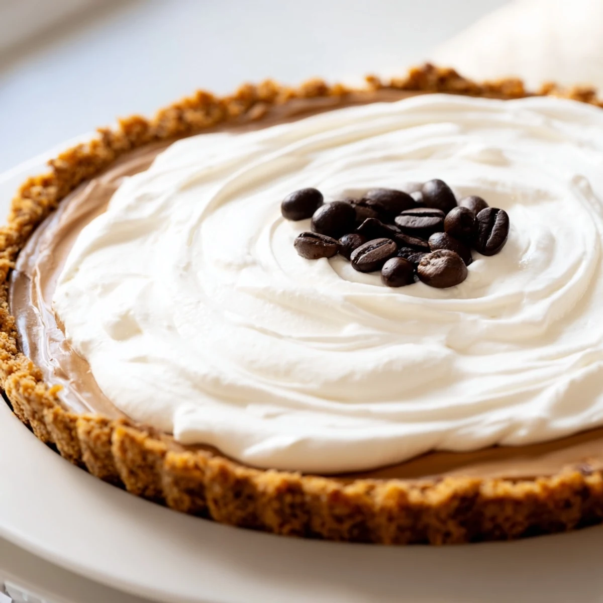 A slice of Keto Cold Brew Coffee Pie reveals creamy filling inside a golden almond flour crust.