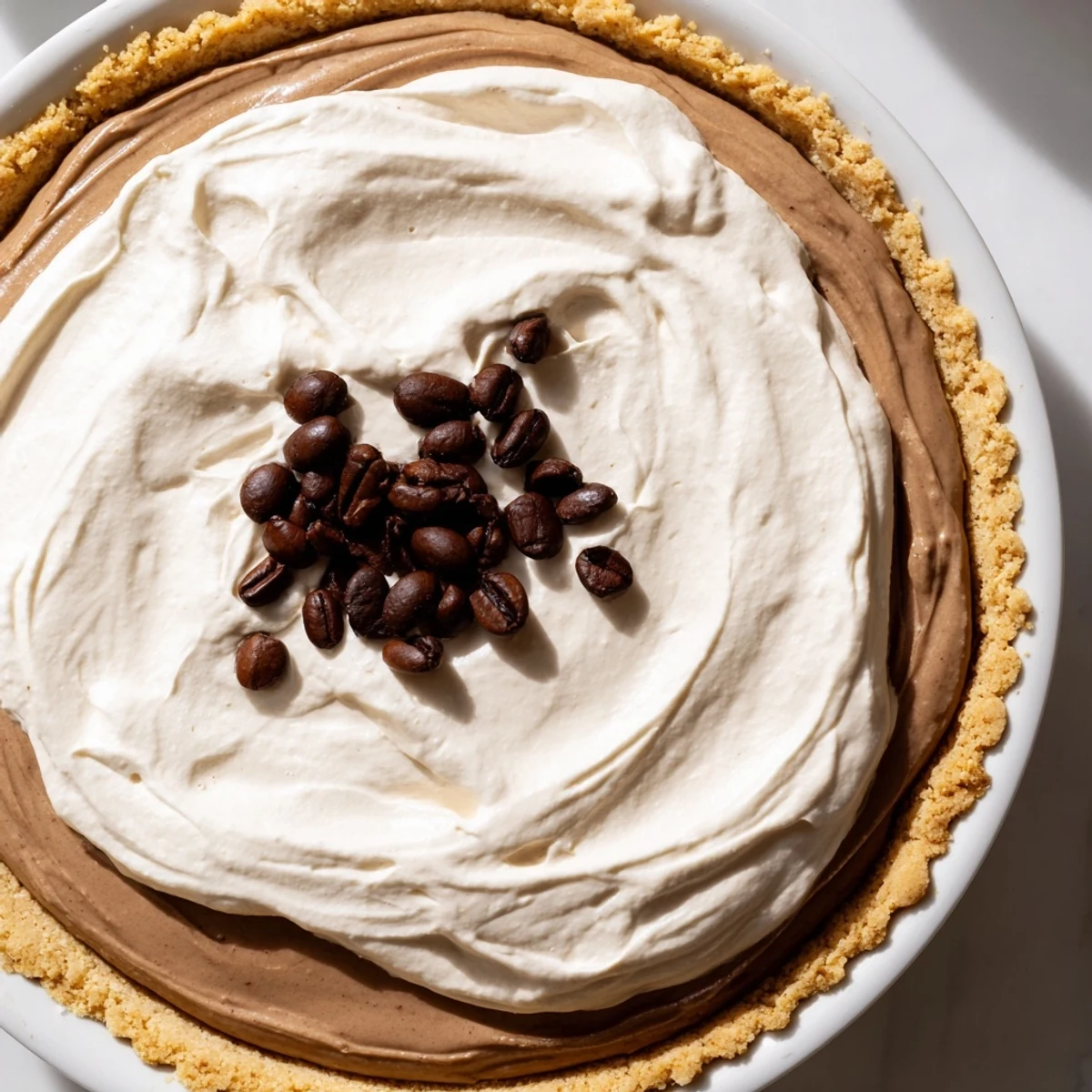 Keto Cold Brew Coffee Pie served chilled with a dollop of whipped cream on a white plate.