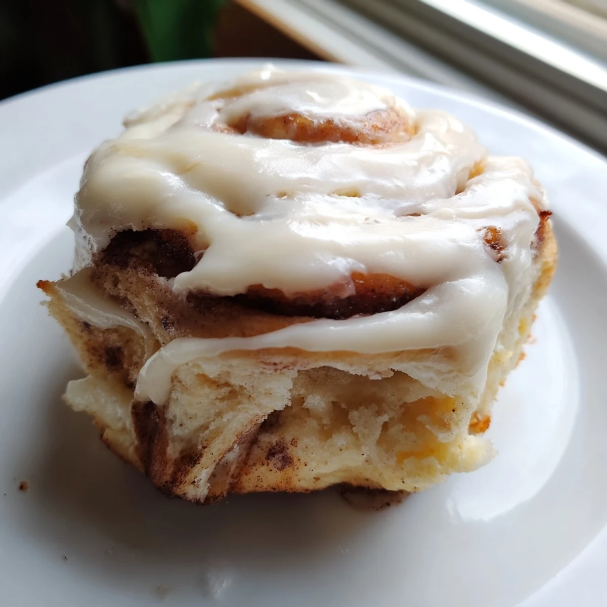Warm Keto Cinnamon Buns arranged on a white plate, showing fluffy spirals with rich cream cheese icing.