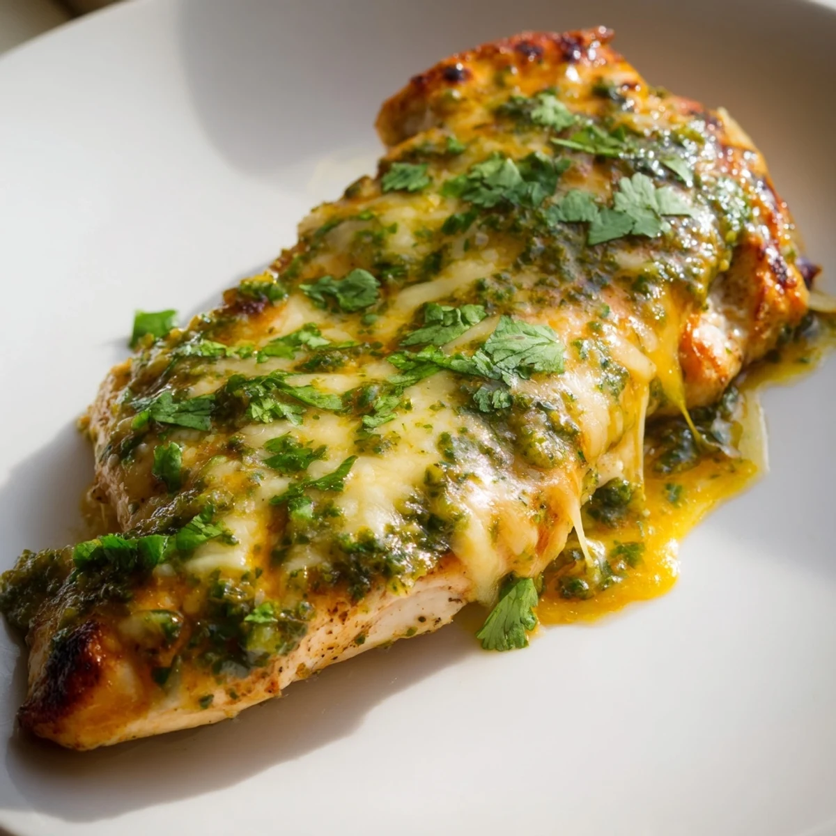 Grilled Salsa Verde Pepper Jack Chicken with melted cheese, topped with fresh cilantro on a summer plate.