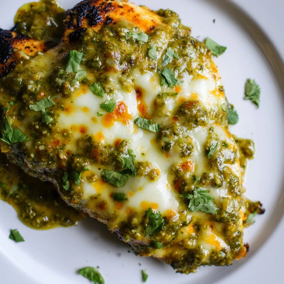 Close-up of Grilled Salsa Verde Pepper Jack Chicken, juicy slices with vibrant salsa verde and pepper jack cheese.
