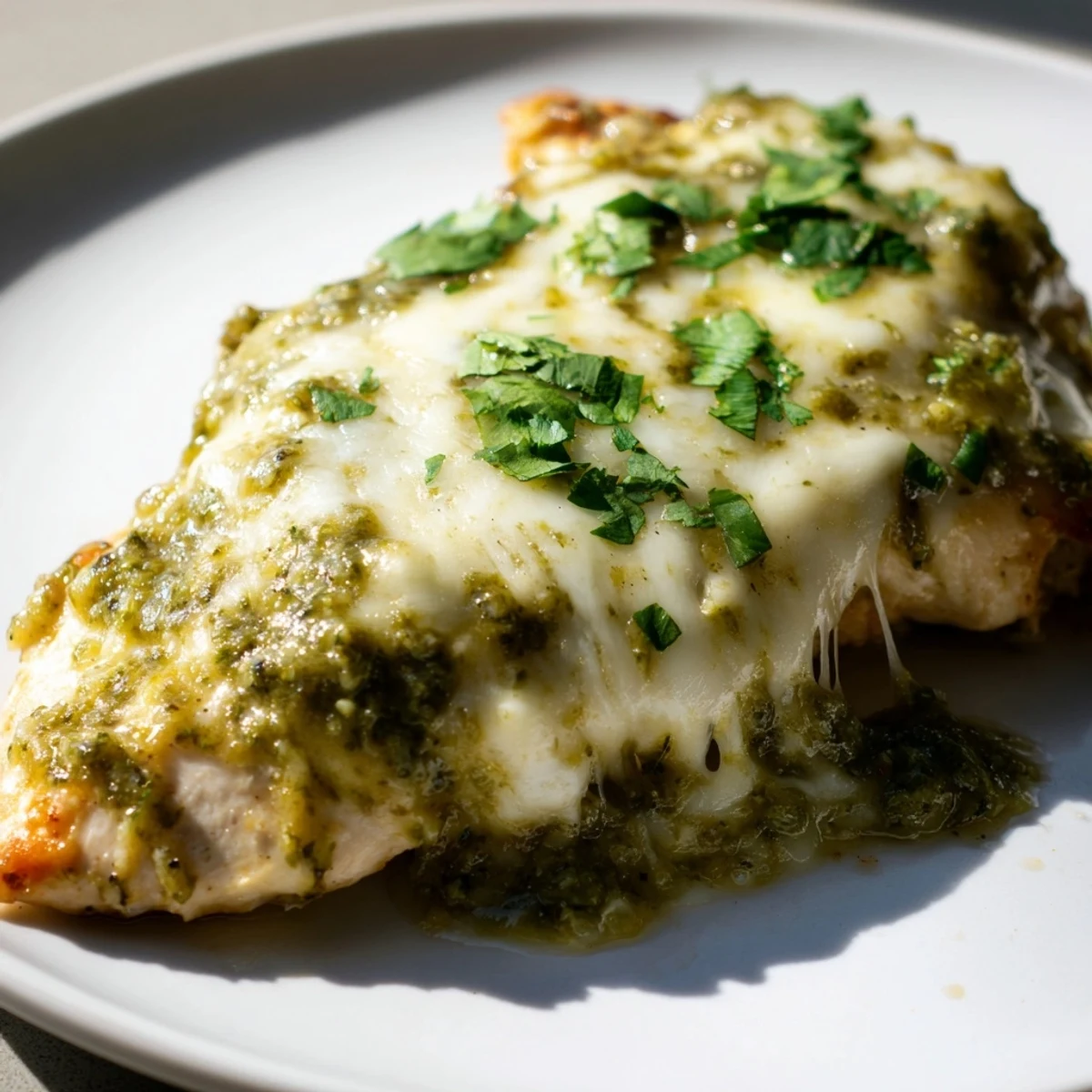 Sizzling Grilled Salsa Verde Pepper Jack Chicken fresh off the grill, garnished with lime wedges for serving.