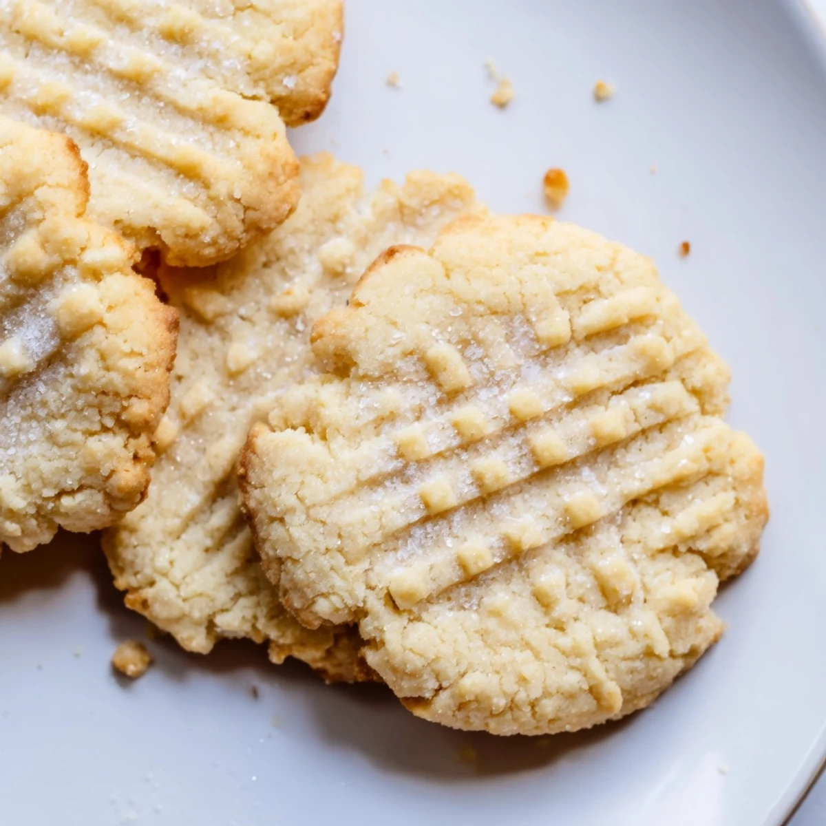 Warm Keto Butter Cookies arranged on a white plate with a cup of coffee nearby, showcasing their golden edges and crisscross pattern.