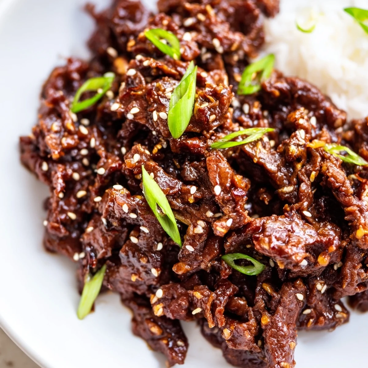 Slow Cooker Korean Beef served in crisp lettuce cups topped with fresh green onions and sesame seeds.