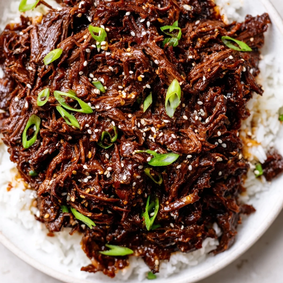 The image shows Slow Cooker Korean Beef garnished with chili slices alongside steamed white rice and chopsticks.