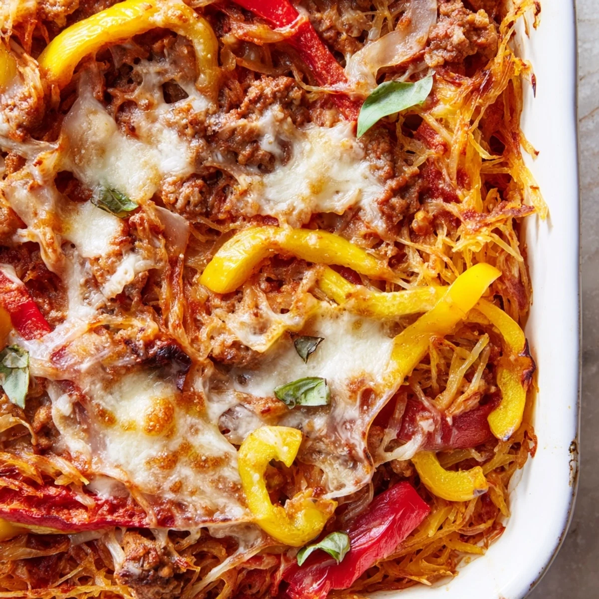 Golden bubbling mozzarella and Parmesan top a baked casserole dish filled with roasted spaghetti squash, Italian sausage, and bell peppers in tomato sauce, garnished with fresh basil.