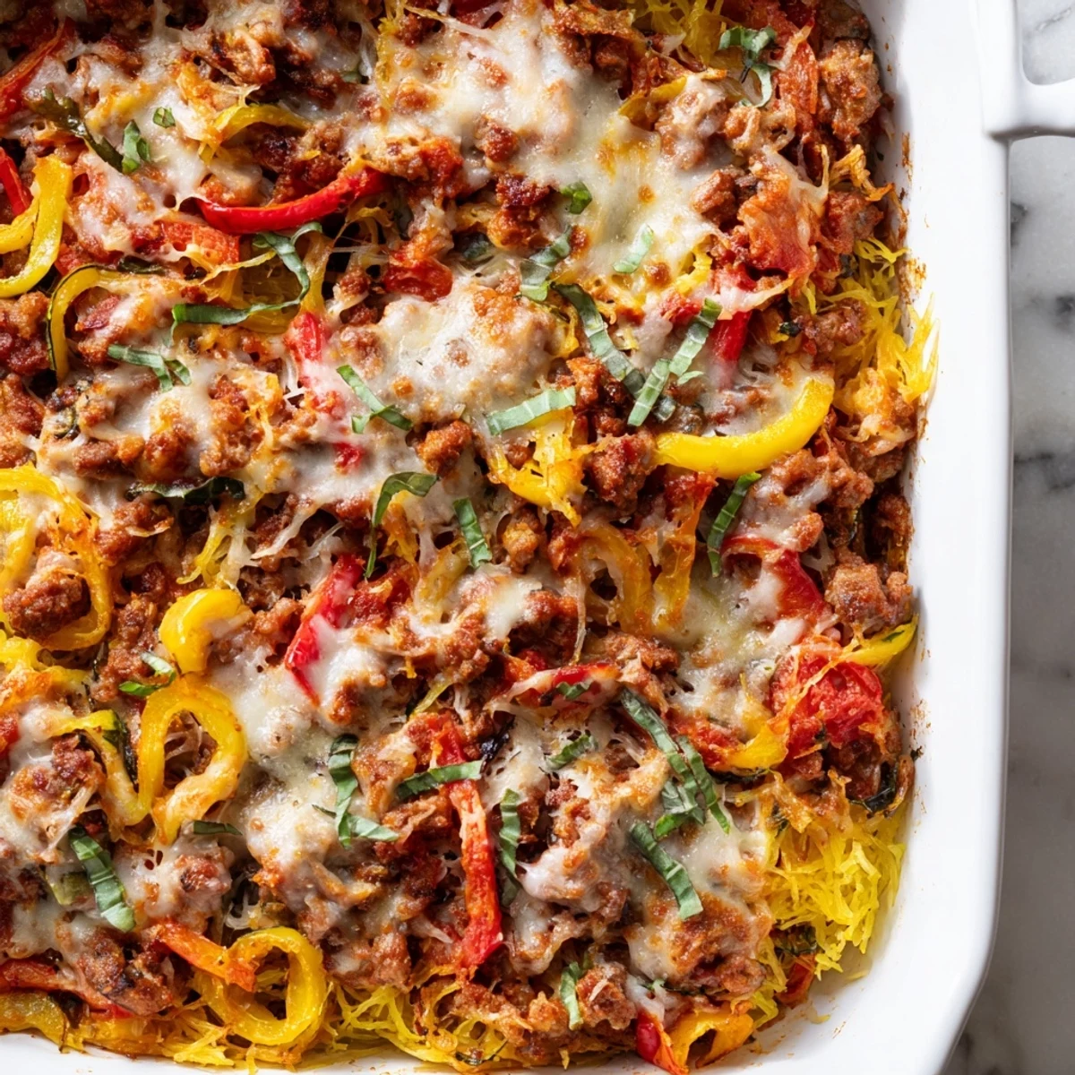 Freshly roasted spaghetti squash strands mingle with savory browned Italian sausage and vibrant red and yellow bell peppers, all tossed in a rich marinara sauce in a baking dish.
