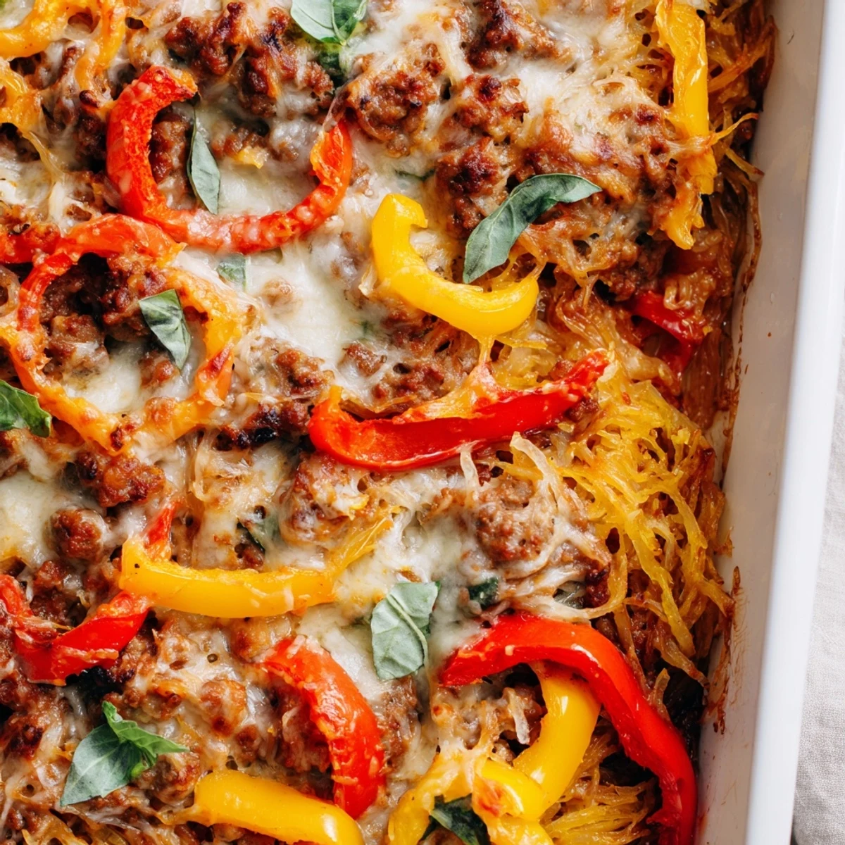 A close-up of a hearty Sausage and Peppers Spaghetti Squash Casserole slice on a white plate, revealing layers of tender squash, meaty sausage, and melted cheese.