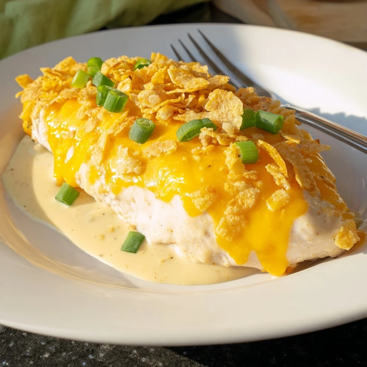 Golden baked Sour Cream and Onion Chicken breasts resting on a white plate with green onions and shredded cheddar.