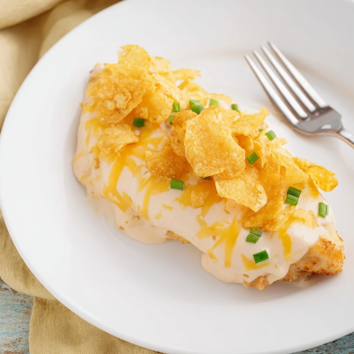 Tender chicken coated in creamy sour cream and onion sauce, topped with melted cheddar and optional crunchy gluten-free chips.