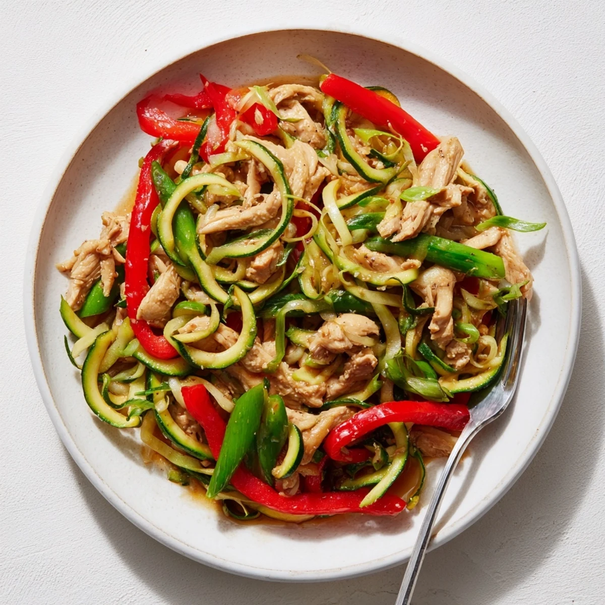 Garlic Chicken Zucchini Noodles Stir Fry served hot in a skillet with vibrant red bell peppers and snap peas.