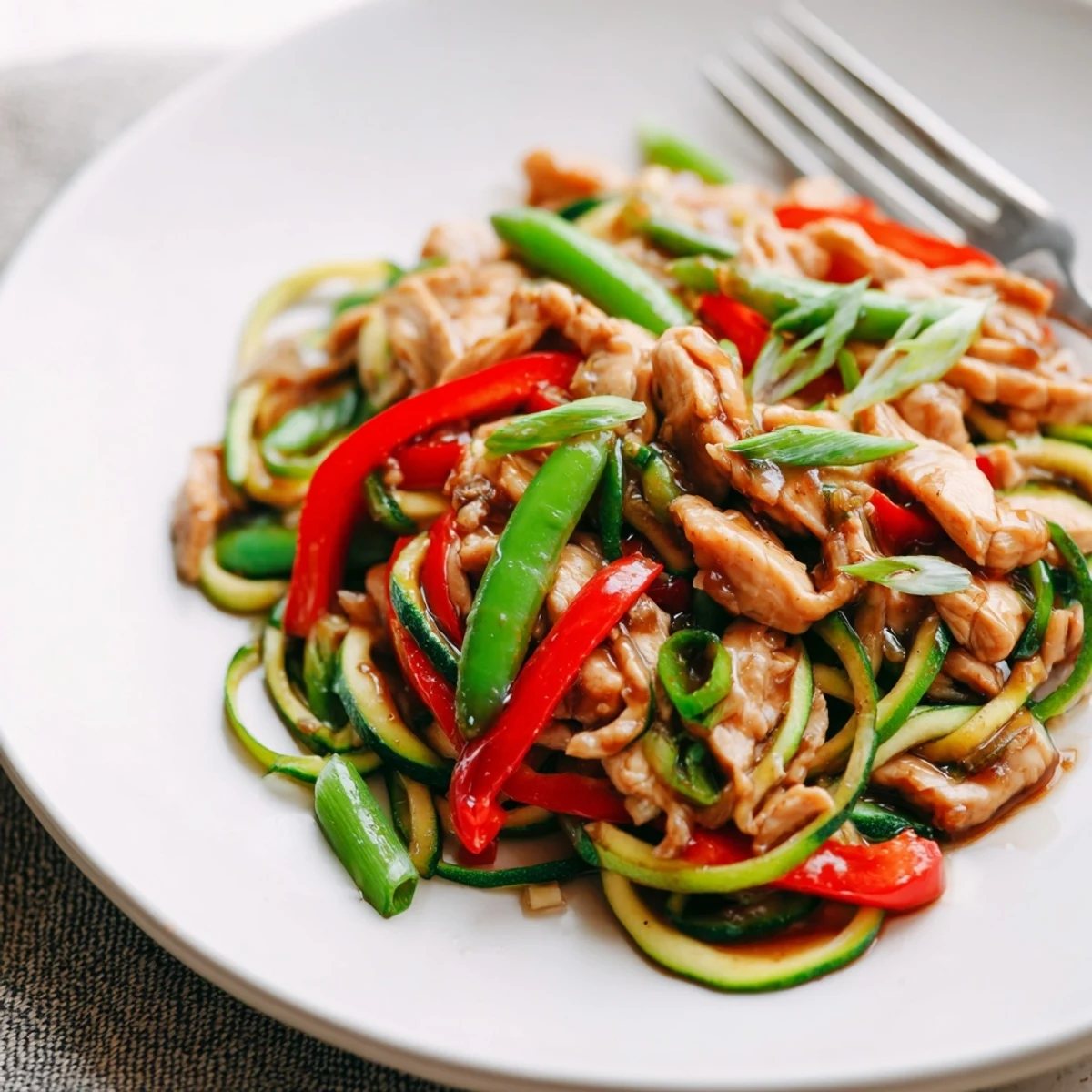 Tender chicken and crisp zucchini noodles in a savory garlic sauce for Garlic Chicken Zucchini Noodles Stir Fry.
