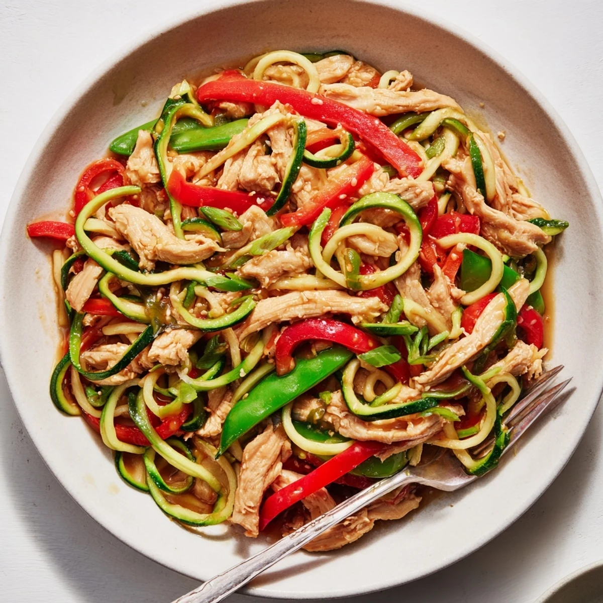 A close-up of Garlic Chicken Zucchini Noodles Stir Fry garnished with sesame seeds and fresh cilantro on a plate.