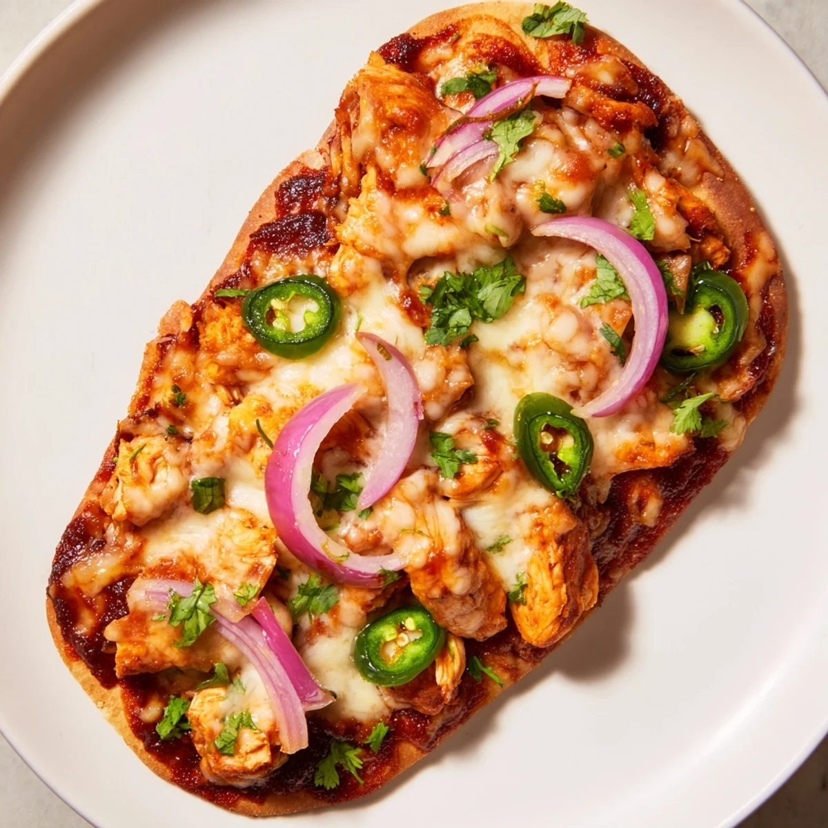 Golden BBQ Chicken Flatbread with melted mozzarella and cheddar cheese, topped with sliced red onions and fresh cilantro on a baking sheet.