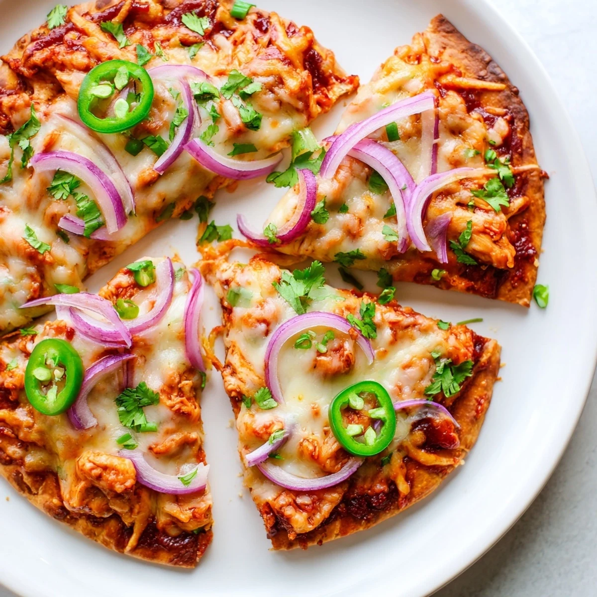 A close-up view of baked BBQ Chicken Flatbread, with bubbly cheese, jalapeños, and extra sauce drizzle, ready to slice and serve for dinner.