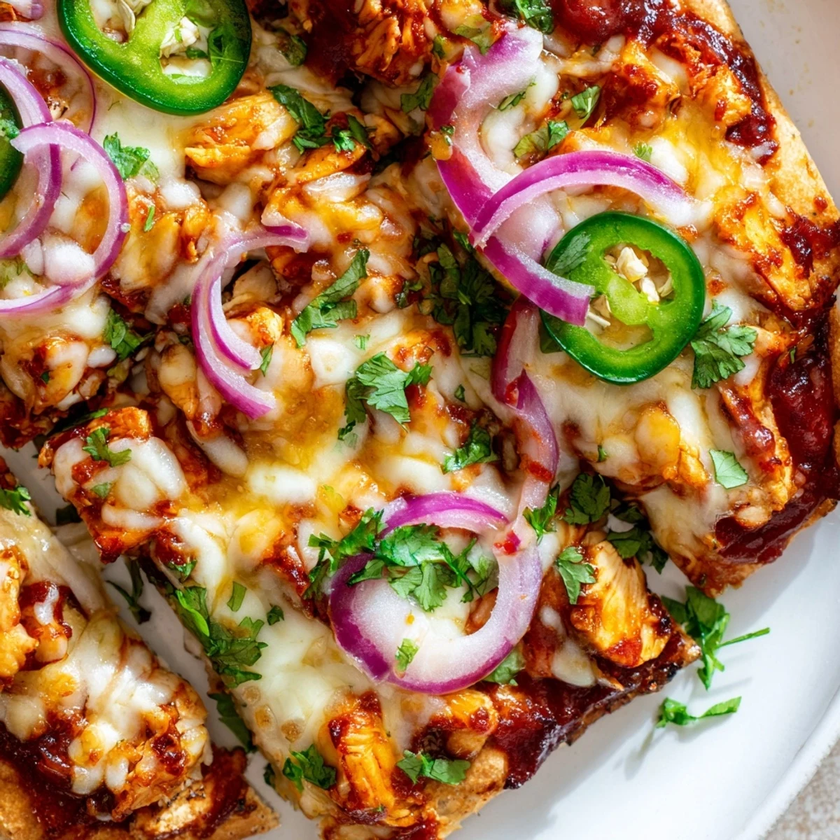 Rustic BBQ Chicken Flatbread on a wooden board, featuring tender chicken, tangy sauce, and fresh veggies, perfect for a weeknight meal or gathering.