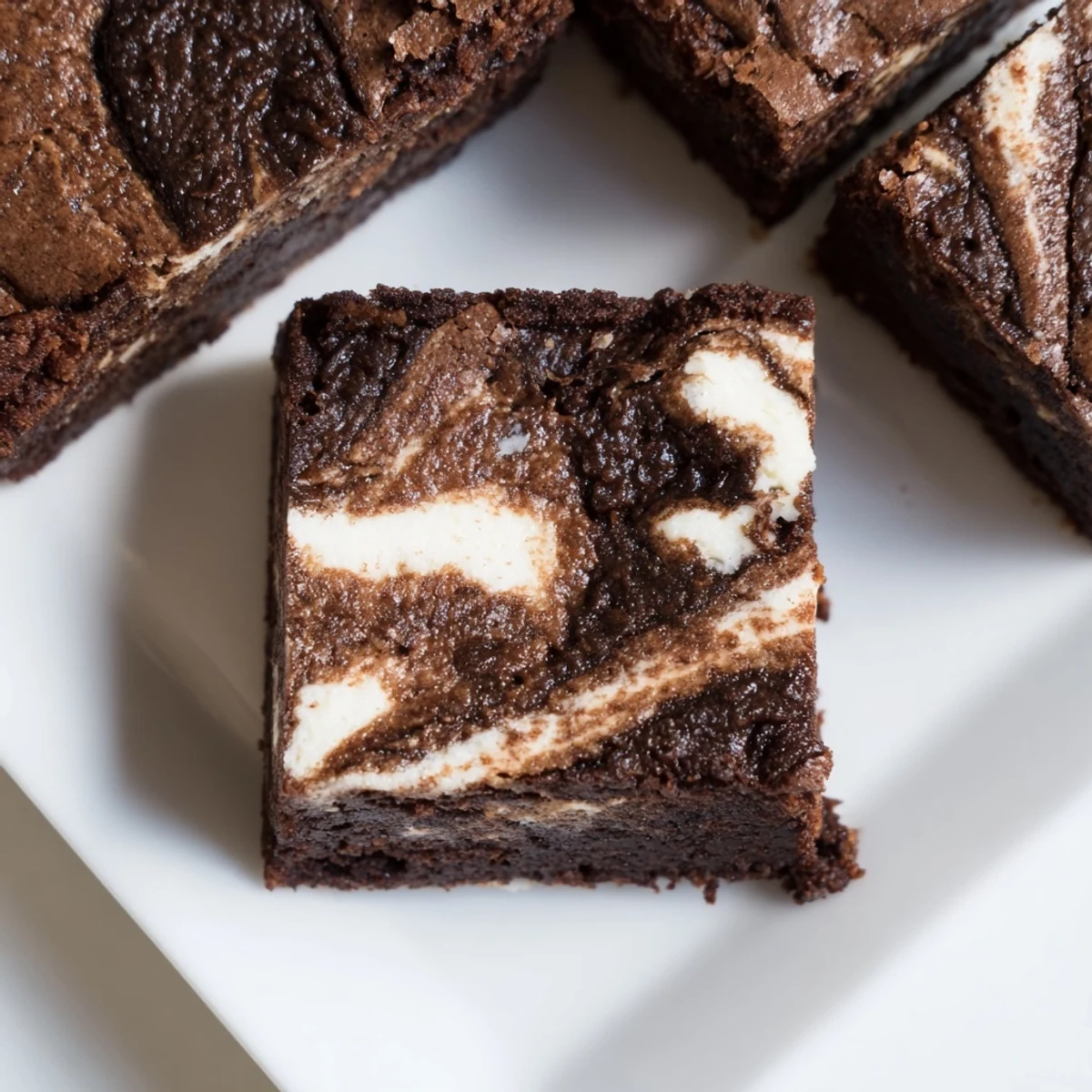 Fudgy Cottage Cheese Brownies with a creamy swirl and rich chocolate aroma on a marble counter.