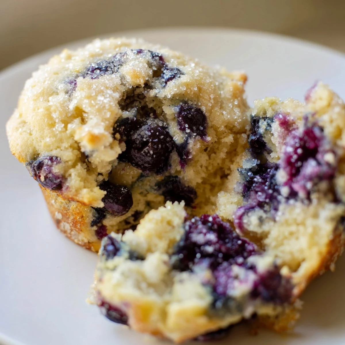 Warm golden-brown Sourdough Blueberry Muffins packed with juicy blueberries on a rustic baking sheet.
