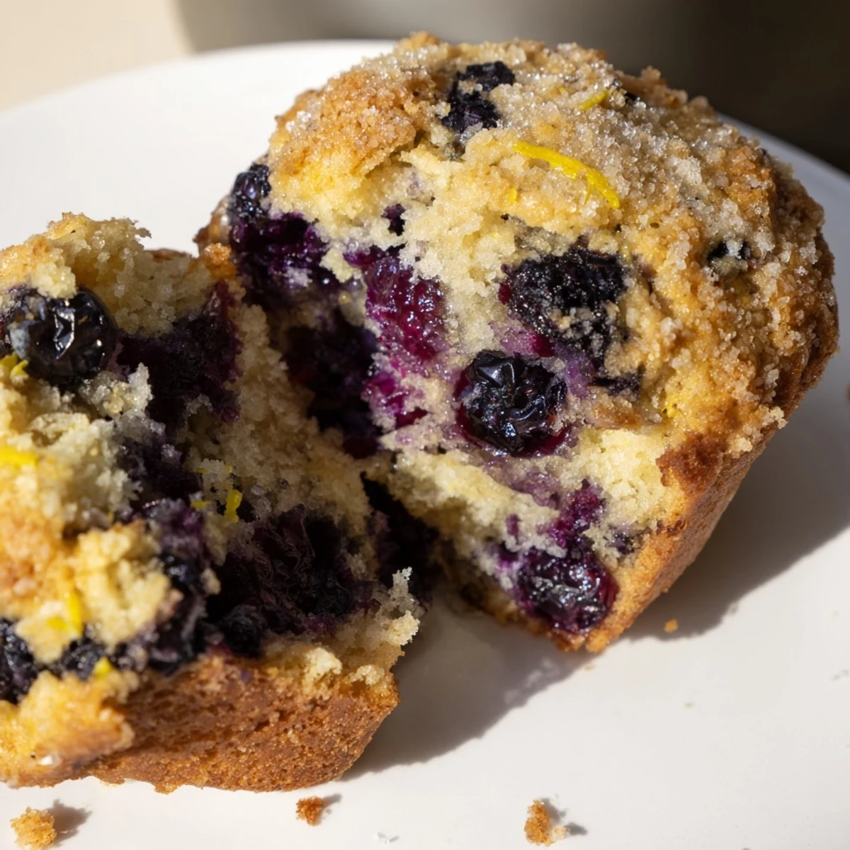 A close-up of moist Sourdough Blueberry Muffins with a tender crumb, perfect for a healthy breakfast.