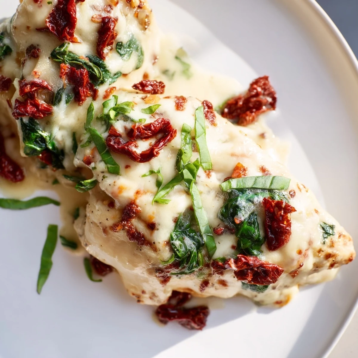 Golden, bubbly mozzarella tops Marry Me Low Carb Chicken Casserole with spinach and sun-dried tomatoes.