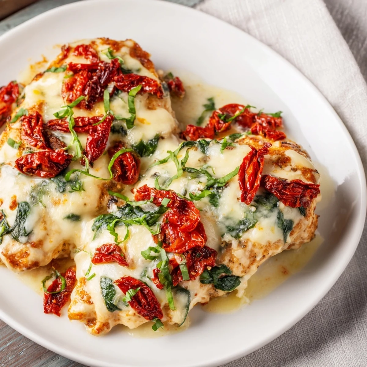 The Marry Me Low Carb Chicken Casserole is ready to serve with fresh basil garnish.