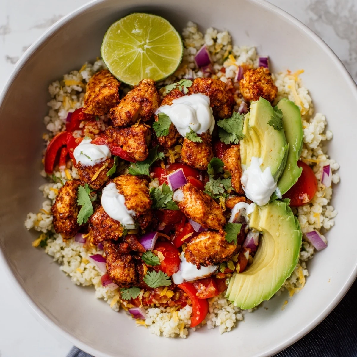 Low Carb Burrito Bowl with seasoned chicken and cauliflower rice topped with fresh avocado and salsa.