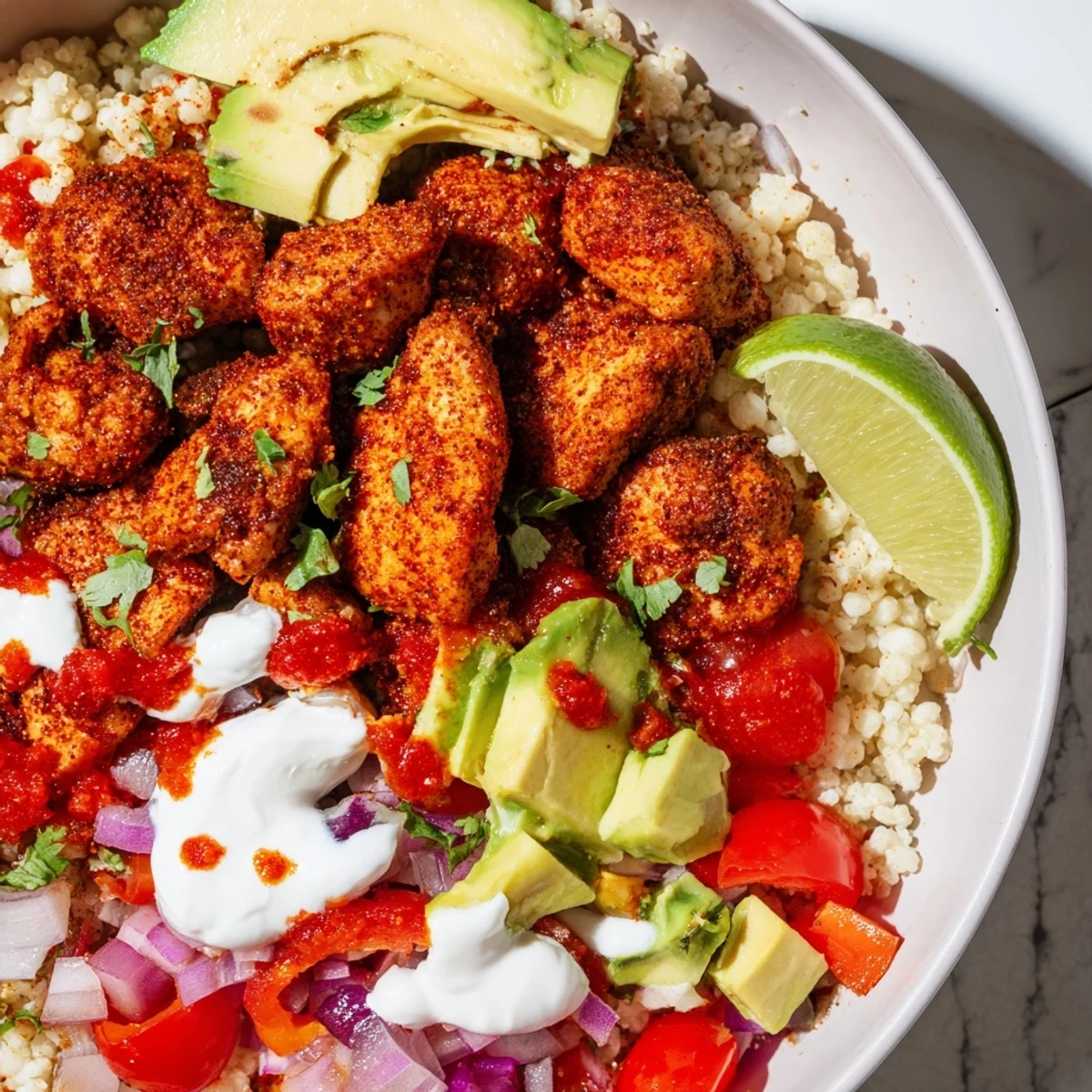 Vibrant Low Carb Burrito Bowl features juicy chicken, crisp peppers, and creamy sour cream on a cauliflower base.