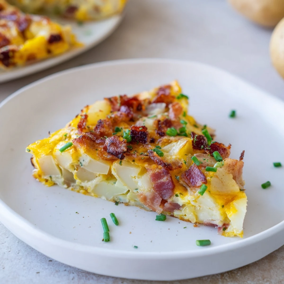 A close-up view of a Bacon Potato Frittata served with a fresh green salad for a balanced meal.
