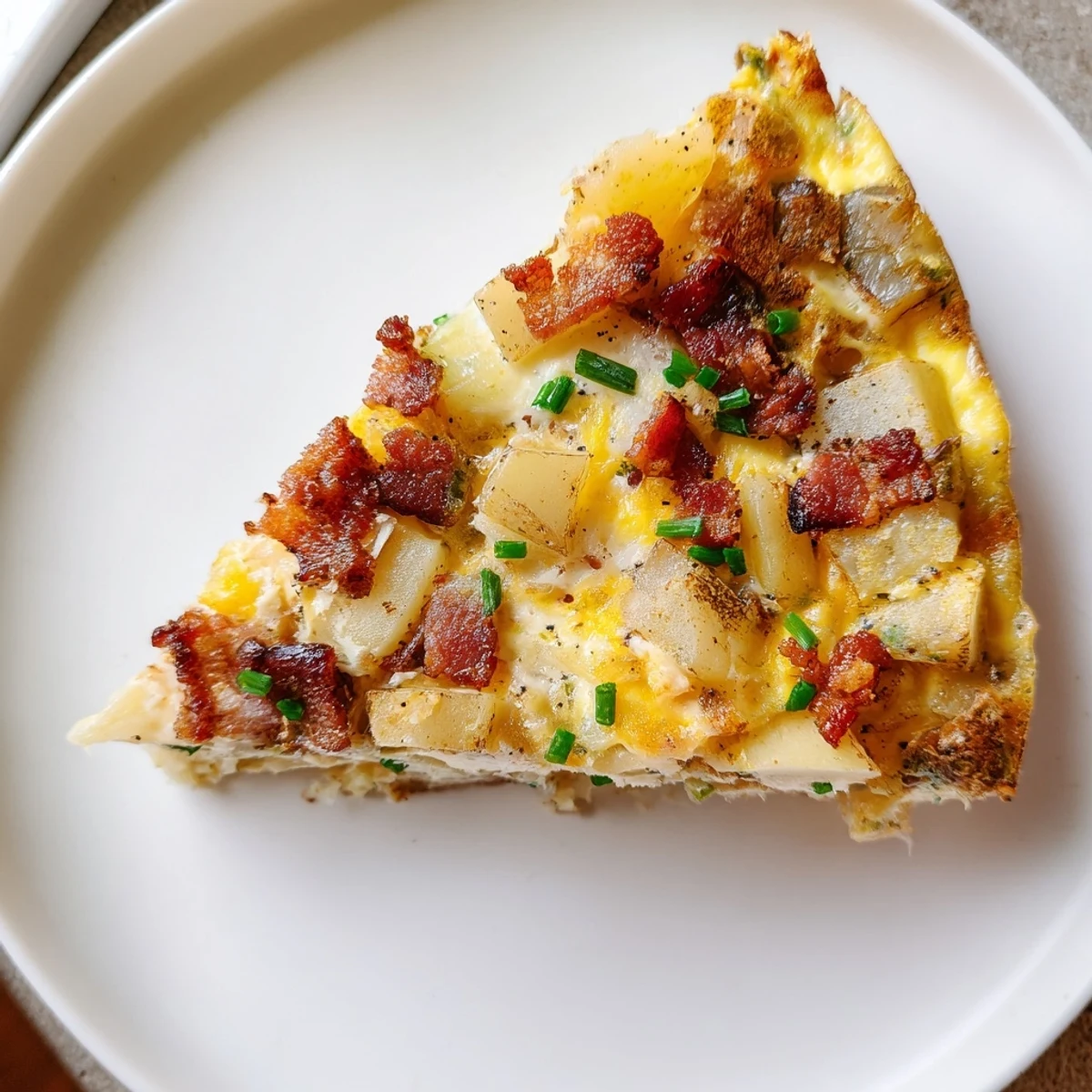 Golden slices of Bacon Potato Frittata with melted Gruyère and crispy bacon crumbles on a rustic plate.