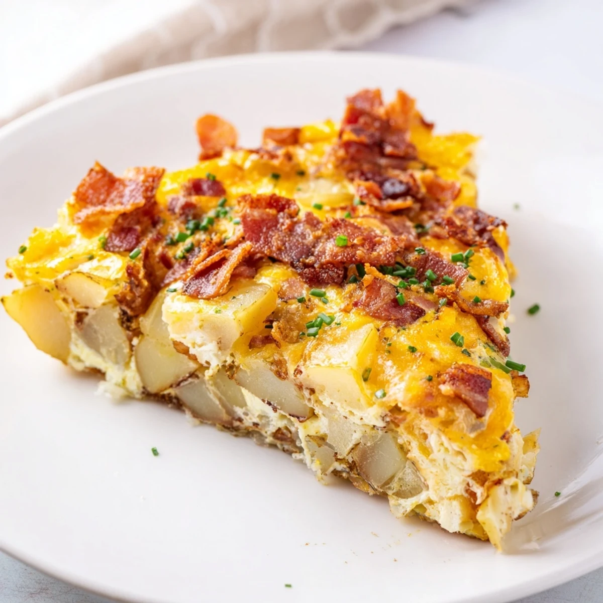 Freshly baked Bacon Potato Frittata featuring tender potatoes, chives, and a fluffy egg texture in a cast iron skillet.