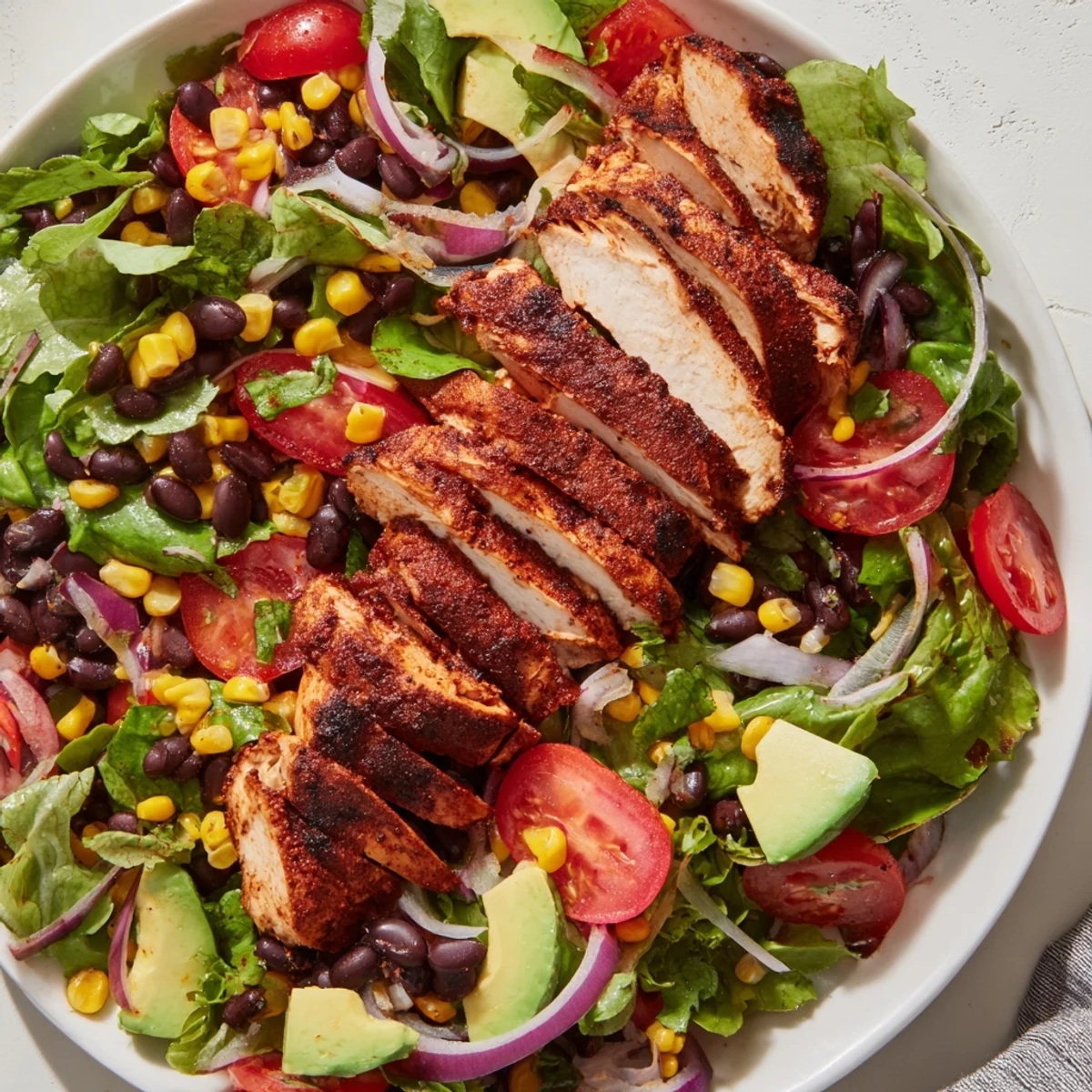Overhead view of a fresh Chipotle Lime Chicken Salad bowl filled with mixed greens, red onion, avocado, and cilantro garnish.