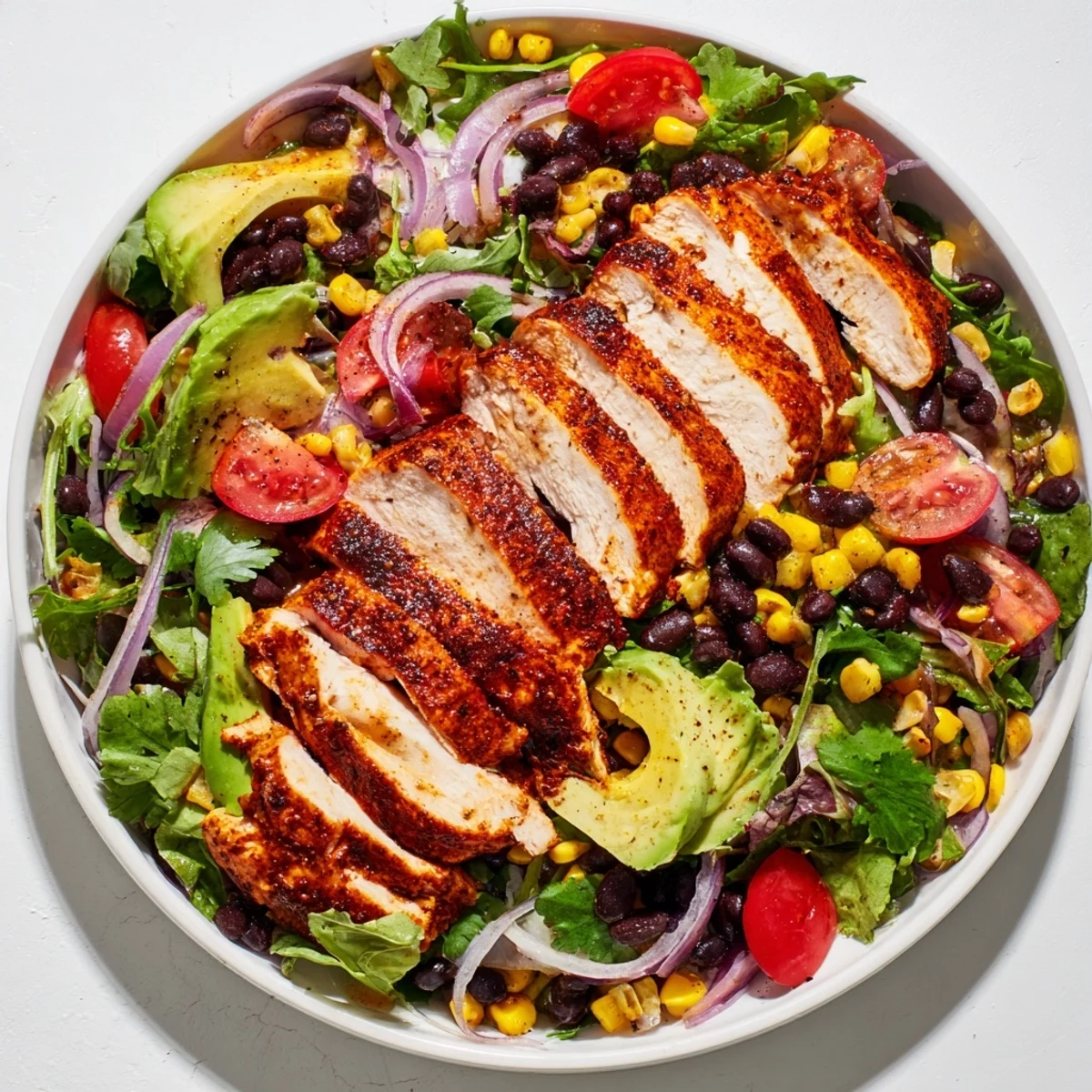 Close-up of Chipotle Lime Chicken Salad showcasing juicy grilled chicken strips, black beans, corn, and a zesty lime dressing drizzle.
