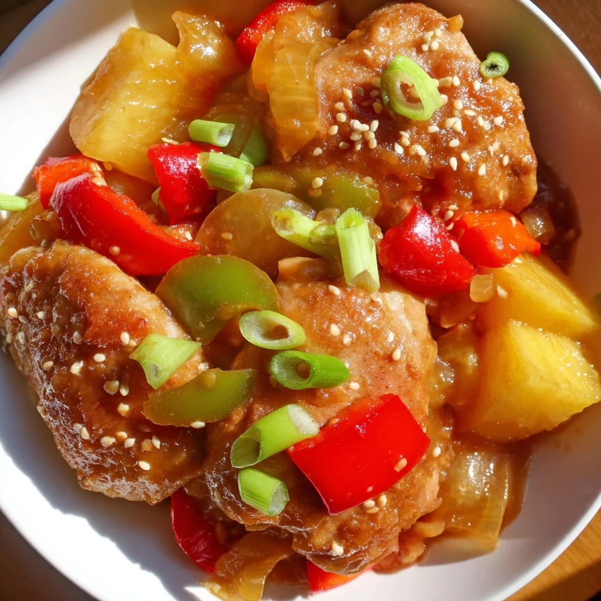 Slow Cooker Hawaiian Pineapple Chicken with tender chicken thighs, colorful bell peppers, and sweet pineapple chunks glistening in a tangy sauce, served over steamed rice.