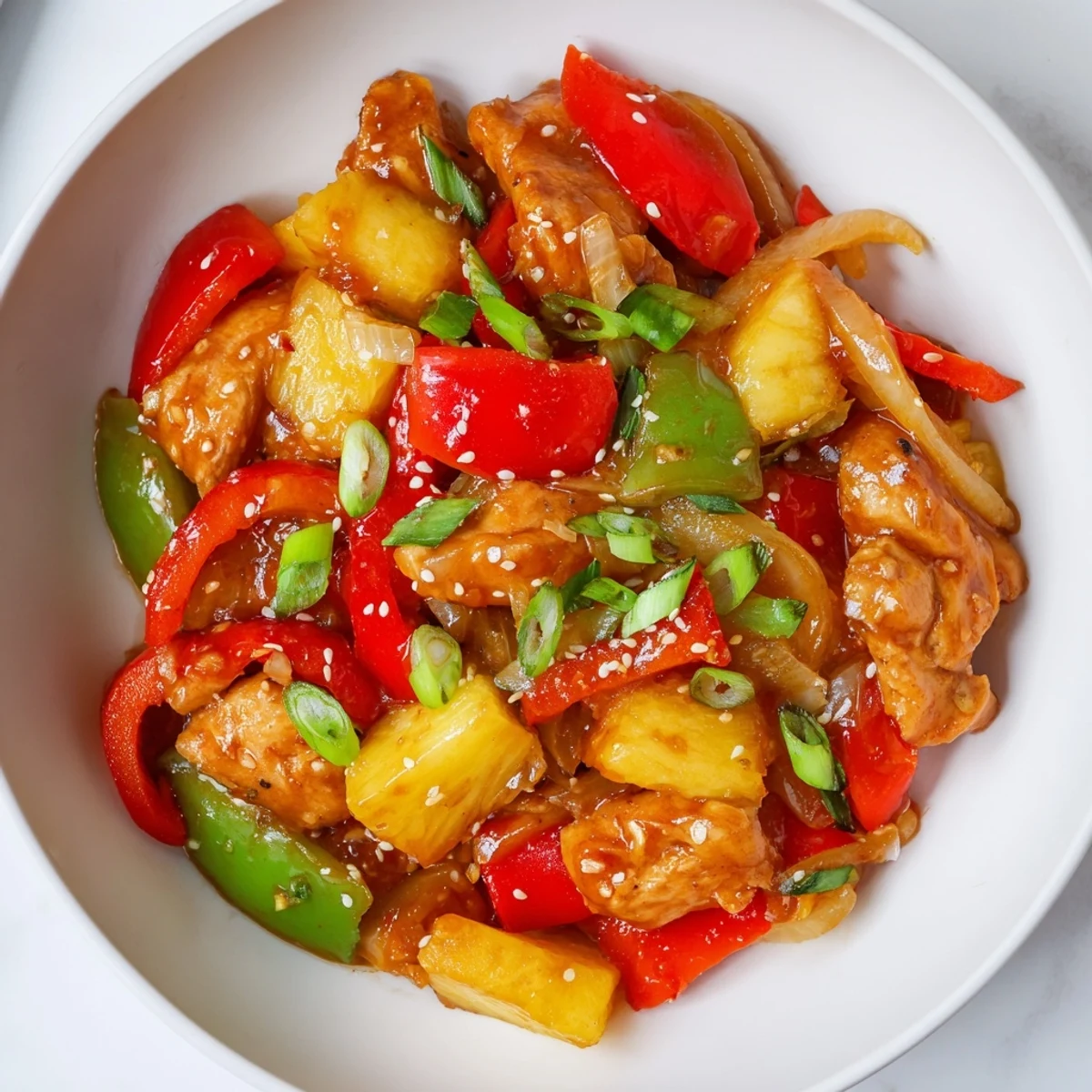 A serving of Slow Cooker Hawaiian Pineapple Chicken in a white bowl, ready to eat, with fluffy white rice on the side and a spoon ready to scoop.