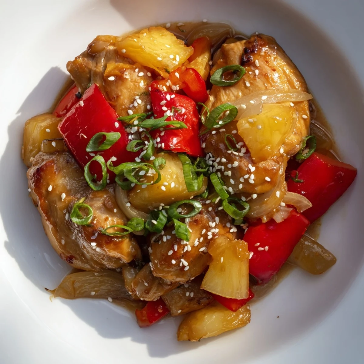 A close-up of shredded Sweet Hawaiian Crockpot Chicken with pineapple chunks and bell peppers served over fluffy white rice.