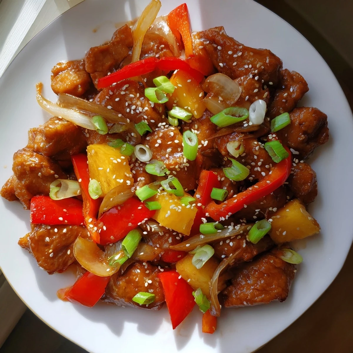 Savory sliced Sweet Hawaiian Crockpot Chicken drizzled with tangy sauce, garnished with green onions and sesame seeds for dinner.