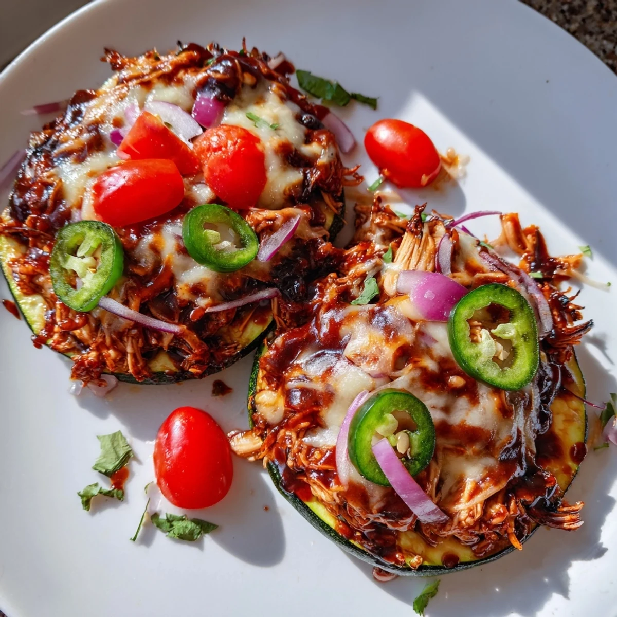 Golden roasted zucchini rounds topped with smoky BBQ chicken, melted cheddar, and fresh pico de gallo in Cheesy BBQ Chicken Zucchini Nachos.
