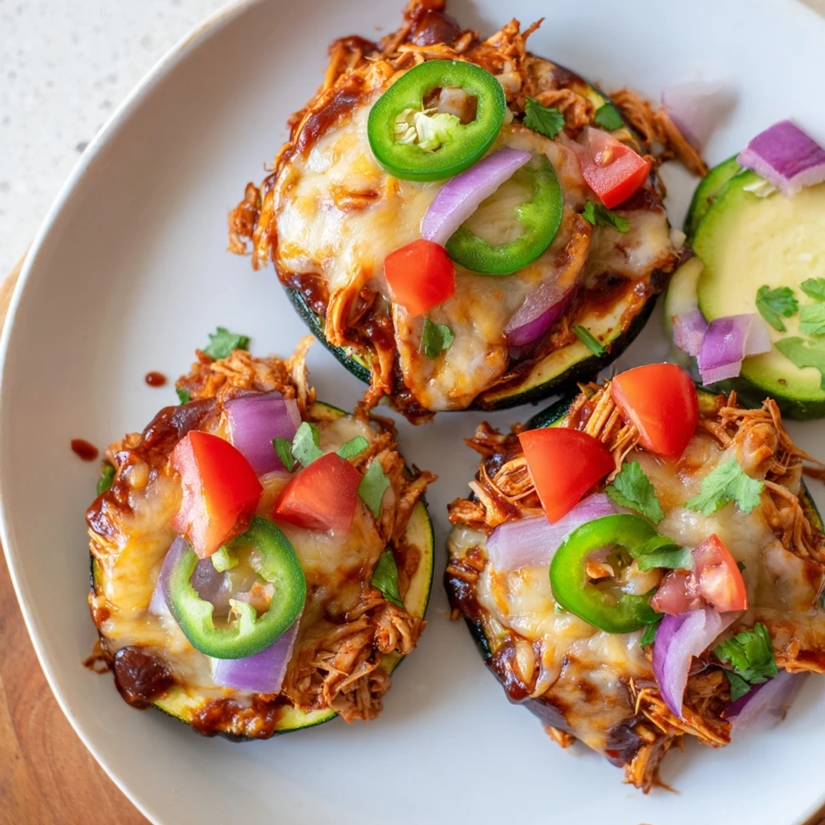 A close-up view of a low-carb Cheesy BBQ Chicken Zucchini Nacho plate with sour cream drizzle and lime wedges on the side.