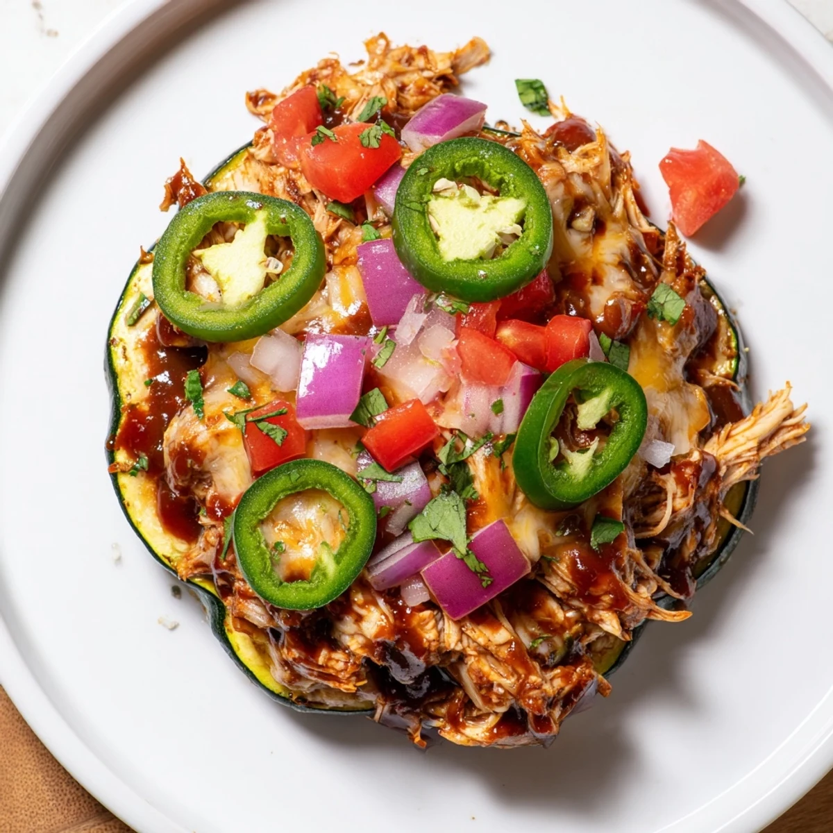 Freshly baked Cheesy BBQ Chicken Zucchini Nachos featuring tender zucchini, juicy BBQ chicken, and gooey cheese on a rustic serving tray.