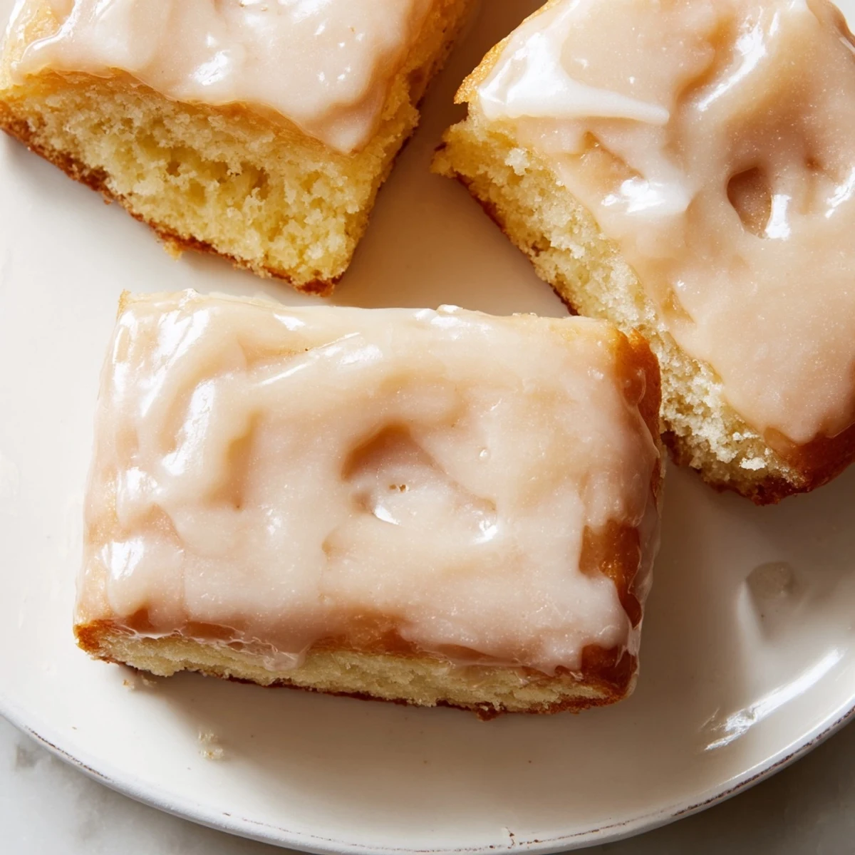Stack of pillowy Maple Donut Bars drizzled with sweet maple glaze and placed on a rustic plate.