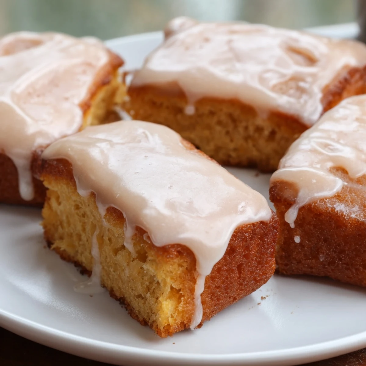 A close-up of soft Maple Donut Bars with a rich, drippy maple glaze for breakfast or snack.