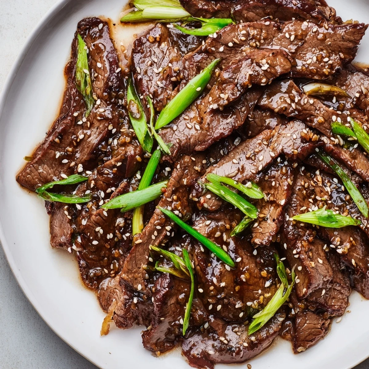 Steaming Ultimate Slow Cooker Mongolian Beef served over fluffy white rice with green onions and sesame seeds.  